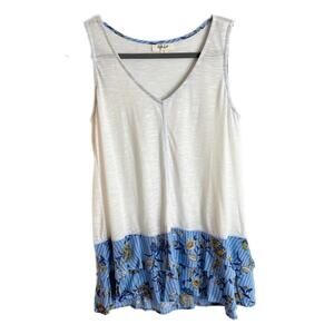 Style & Co Women's Tank Top S White & Blue Floral Ruffle Tunic Burnout V Neck